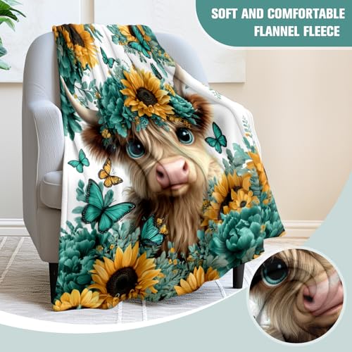 Jekeno Highland Cow Sunflower Gifts Blanket Butterfly Floral Throw Blanket - color: Highland Cow, size: 60x80 Inch