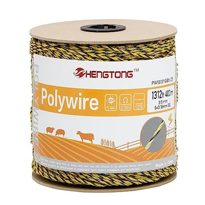 Electric Fence Poly Wire 1312ft 400m, 6 x 0.18mm Stainless Steel Conductors, Portable Electric Fence Polywire for Livestock, Yellow and Black Fence Wire - size: 1312ft(400m)