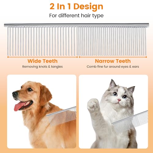 PETTOM 2Pcs Stainless Steel Dog Comb, Round Tooth Cat Comb with 2 Tooth Widths, Metal Combs for Removing Knots and Tangles, Grooming Tool for Long and Short Hair Pets, 7.5 IN Silver - style: Comb C