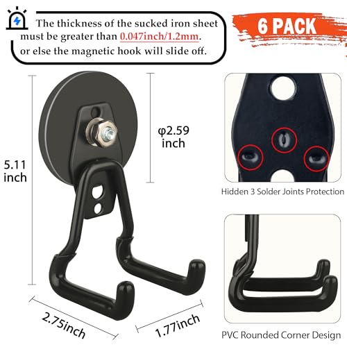 ULIBERMAGNET Upgraded Large Magnetic Hooks,Strong Heavy Duty Magnet Hooks for Power Drill,Broom,Garden Tools, Pegboard, Garage, Workshop, Hardware, 6 Pack Magnet Storage Holder for Hanging(Black) - size: 6PC 2.59inch Black Magnetic Hooks