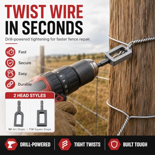 Wire Twister Tool for Drill, Heavy Duty Drill Wire Twister for 9 & 11 Gauge Fence Wire, Wire Twisting Tool with 1/4" Hex Shank for Fence Repair, Rebar Tying, Farm, Garden and Construction (9#+11#)
