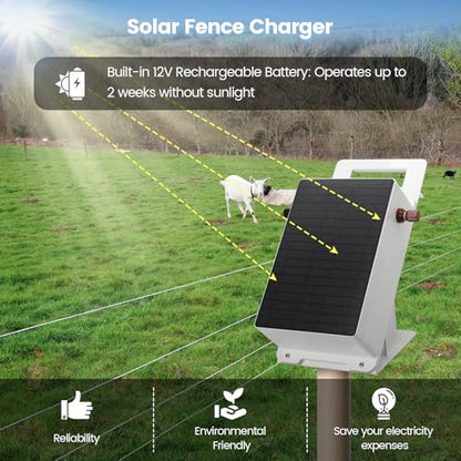 Solar Fence Charger - Briidea Solar Electric Fence Energizer for Up to 5.6 Miles, 0.3 Joules, IP66 Waterproof for Livestock, Gardens, Pastures & Wildlife Control, Energy Saving Design - color: 0.3 Joules with handle