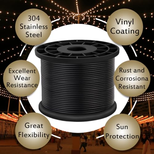 Vinyl Coated Wire Rope 304 Stainless Steel Coated Wire Cable-Black, 1/16" OD to 3/32" x700FT, with 250 Pcs Crimping Sleeves-Cable for String Lights, Suitable for Clotheslines - size: 700FT