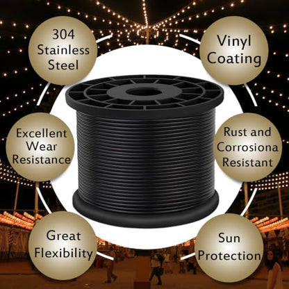 Vinyl Coated Wire Rope 304 Stainless Steel Coated Wire Cable-Black, 1/16" OD to 3/32" x700FT, with 250 Pcs Crimping Sleeves-Cable for String Lights, Suitable for Clotheslines - size: 700FT