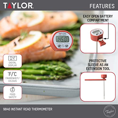 Taylor Instant Read Digital Meat Food Grill BBQ Cooking Kitchen Thermometer, Comes with Pocket Sleeve Clip, Red - style: Instant Read Pocket Thermometer