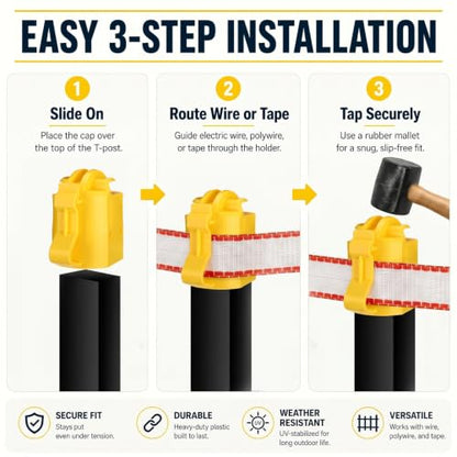 24 Pcs T-Post Topper Insulator, Yellow Electric Fence Insulators T Post Safety Cap, Heavy-Duty UV-Resistant T Post Caps for Wire Polywire or Tape, Livestock Farm Fence Supplies