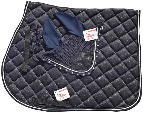 Navy Glitter Saddle Pad Set Matching Ear Bonnet | Equestrian Show Gear | Horse Riding Matchy Set | Dressage or Jumping/Hunter - size: Horse/Full