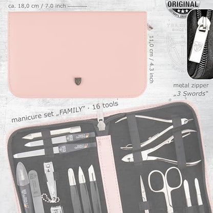 3 Swords Germany - brand quality 16 piece manicure pedicure grooming kit set fashion leather case light pink, Made in Germany - color: LIGHT PINK