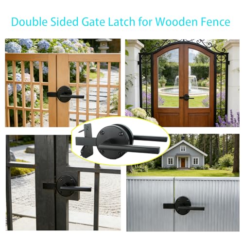 Double Sided Self-Locking Gate Latch-Heavy Duty Adjustable Stainless Steel Black, 2-in-1Door Handle&Two-Way Lock,WoodenFences,Pools,Gardens,Backyards,Barns(Applicable to The Left Side Door 1pack)