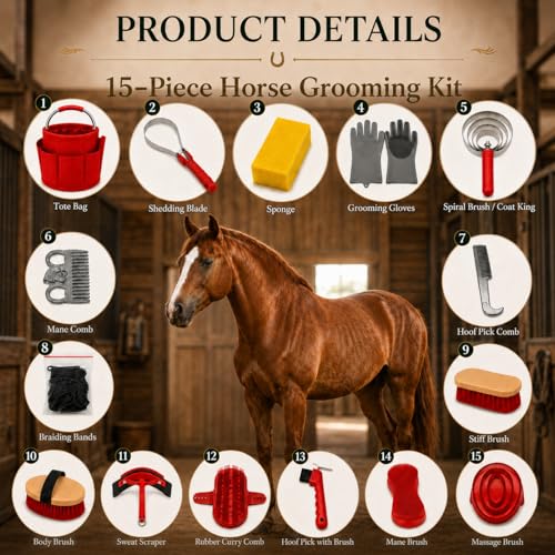 Horse Grooming Kit, 15-Piece Horse Brush Set with Red Tote Bag, Long Shedding Blade, Hoof Pick, Curry Comb, Sweat Scraper, Mane and Tail Comb, Gloves, Equine Grooming Supplies - color: Red