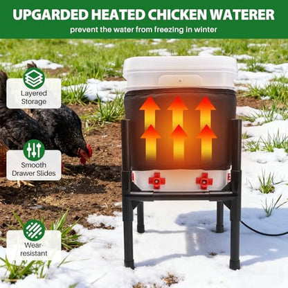 Heated Chicken Waterer,3 Gallon Chicken Poultry Water Heater with Stand for Winter with 8 Nipples + 4 Extras (black, 3 Gallon)