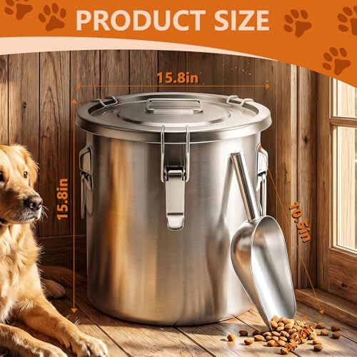 40LB Stainless Steel Dog Food Storage Container with Lid & Scoop, Large Dog Food Storage Container for Dry Pet Food, Metal Dog Food Container, Pet Food Storage Container for Kibble - size: 40LB