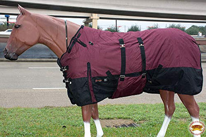 Horse Turnout Blanket Hilason 600D Waterproof Winter Blanket with Belly Wrap 250g Fill Rip-Stop Shell Fleece Wither Lining Wine Black - size: 69 In