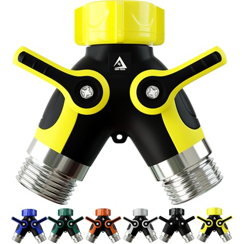 DBR Tech® Hose Splitter 2 Way, Heavy Duty Metal Connector, Two Way Garden Hose Splitter, High Flow Spigot Faucet Bib Adapter, Solid Double Y Shut Off Valve for Outdoor Gardening Hoses, Yellow - color: Yellow