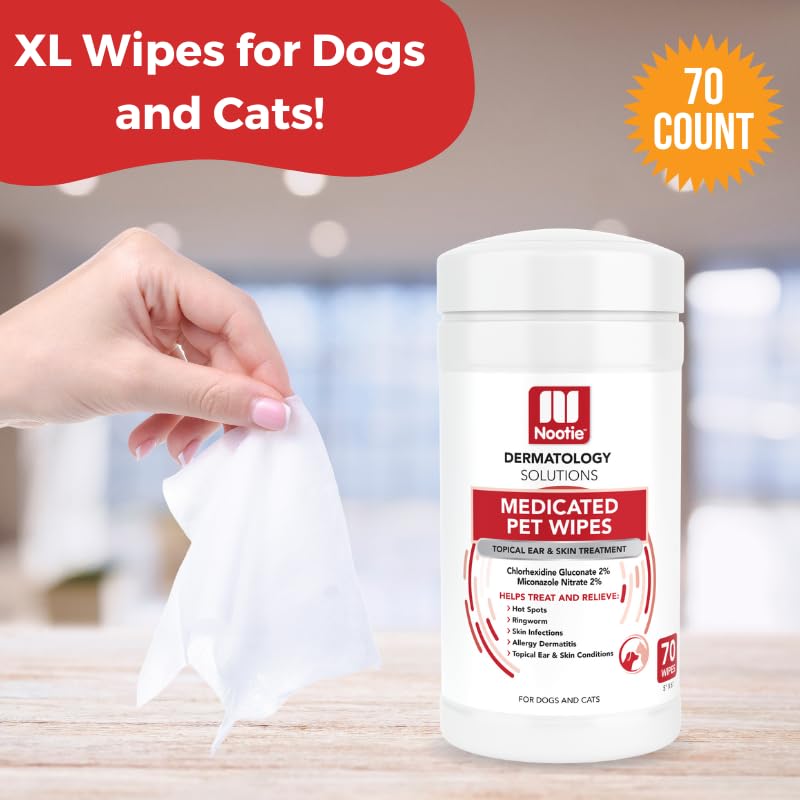 Nootie Medicated Dog Wipes, 2% Chlorhexidine and 2% Miconazole Formulated Pet Wipes for Dogs and Cats - 5"x 6" Size XL Wipes - 70 Count - Sold in Over 10,000 Vet Clinics and Pet Stores Worldwide - size: 70 count (Pack of 1)