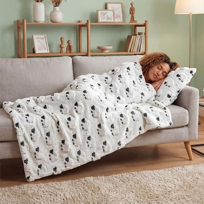 Tudomro 50x60'' Cute Sheep Throw Blanket, 3D Embroidered Black-Faced Sheep Spring Plush Faux Fur Blanket, Easter Farmhouse Cozy Throw for Sofa Couch Bed Home Decor - style: White Sheep