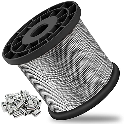 1/16 Wire Rope, 600FT 304 Stainless Steel Cable with 200Pcs Crimp Sleeves, Aircraft Grade, 7x7 Strand, 368lbs Breaking Strength, for Garden Trellis, Clothesline, Railing,Trellis - size: 600 ft