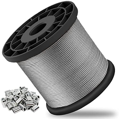 1/16 Wire Rope, 1000FT 304 Stainless Steel Cable with 300Pcs Crimp Sleeves, Aircraft Grade, 7x7 Strand, 368lbs Breaking Strength, for Garden Trellis, Clothesline, Railing,Trellis - size: 1000 ft