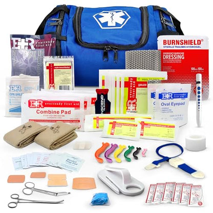 Fully Stocked Trauma First Aid Kit – First Responder II Bag with Tools, Gauze, Bandages, Scissors & Gloves – Compact & Portable – OSHA and ANSI Compliant – Blue - color: Blue