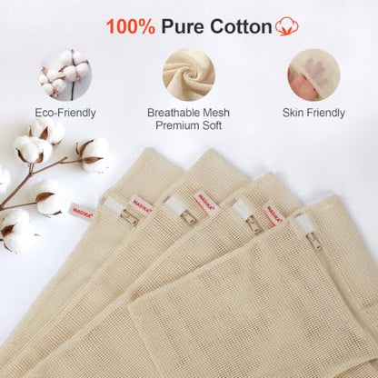 MADIKA 100% Cotton Mesh Laundry Bags, Organic Cotton Laundry bags, No Dye, Set of 4, Natural - size: XL/L/M/S