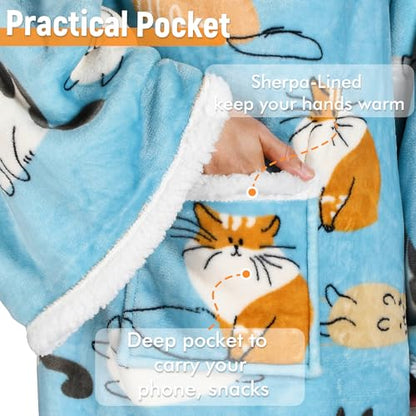 Catalonia Sherpa Wearable Blanket with Sleeves and Pocket for Adults - color: Cat Blue, size: Standard Pocket