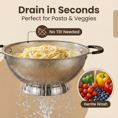 304 Stainless Steel Colander, 3 Quart Micro-Perforated Strainer with Heavy Duty Plastic Handles - Fast Draining Metal Basket for Rinsing Rice, Washing Vegetables, Draining Pasta - Dishwasher Safe - size: 3QT-plus