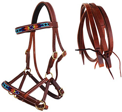 CHALLENGER Horse Western Leather Tack Beaded Bitless Sidepull Bridle Reins Brown 77RS16 - color: Tan/Beaded