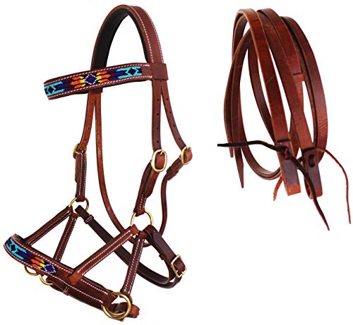 CHALLENGER Horse Western Leather Tack Beaded Bitless Sidepull Bridle Reins Brown 77RS16 - color: Tan/Beaded