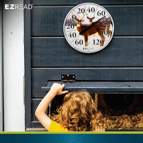 EZREAD Hanging Dial Thermometer 840-1226 Weather Thermometers for Indoor and Outdoor Use, Large 12.5 Inch Diameter, Easy to Read Numbers, Deer - color: Winter Deer