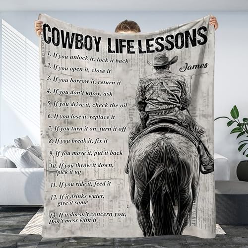 Cowboy Life Lessons Blanket, Personalized Cowboy Fleece Blanket, Cool Blanket Gift for Horse Lovers, Personalized Horse Blanket for Boys Custom Blanket with Name, Horse Throw Blanket for Men 50”x60”