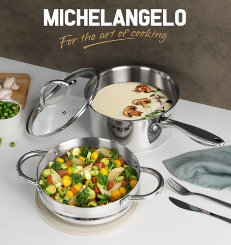 MICHELANGELO Stainless Steel Saucepan with Lid & Steamer, 3 Quart Sauce Pan with Lid, Steamer Pot with Pour Spout, 3 Qt Stainless Steel Pot, Induction Compatible, Oven Safe - size: 3 Quarts