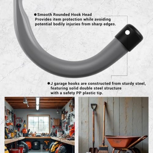 Garage Hooks, 4 Inch Heavy Duty Steel J Hooks for Wall, 12 Pack, Gray | 30 Lb Load Per Hook, PP Coated Tips Help Protect Items, Garage Storage Hooks Organize Ladders, Bikes, Tools And Hoses