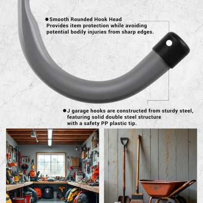 Garage Hooks, 4 Inch Heavy Duty Steel J Hooks for Wall, 12 Pack, Gray | 30 Lb Load Per Hook, PP Coated Tips Help Protect Items, Garage Storage Hooks Organize Ladders, Bikes, Tools And Hoses