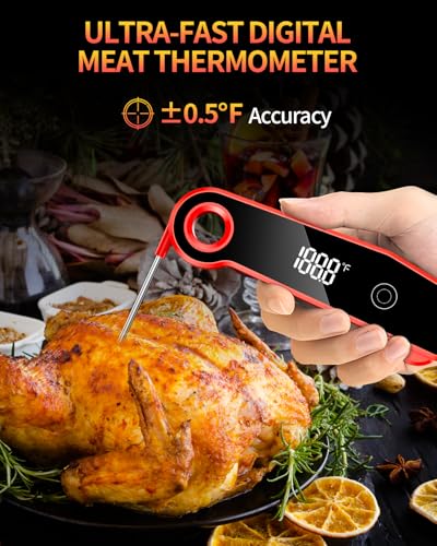 2026 Upgrade Meat Thermometer Digital for Cooking, 0.5s Instant Read Food Thermometer, ±0.5 ℉ Accuracy Kitchen Thermometer, Large LED Display, IP67 Waterproof for Grill, BBQ, Oven, Brewing, Baking - color: Red