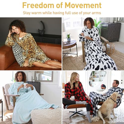 Catalonia Wearable Blanket with Sleeves for Women & Men, Fleece Wrap Throw - color: Cheetah
