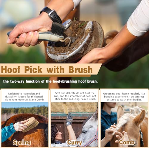 Abbylike 12 Pieces Horse Grooming Kit Equine Care Brushes, Khaki - color: Khaki