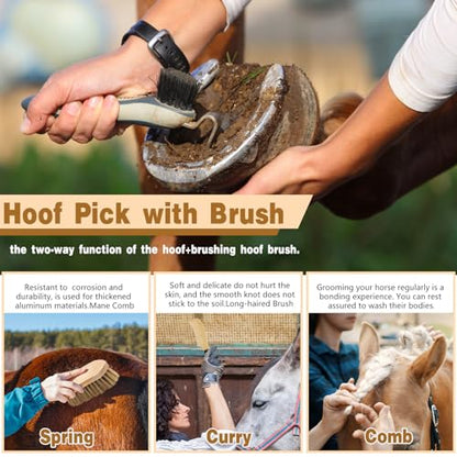 Abbylike 12 Pieces Horse Grooming Kit Equine Care Brushes, Khaki - color: Khaki