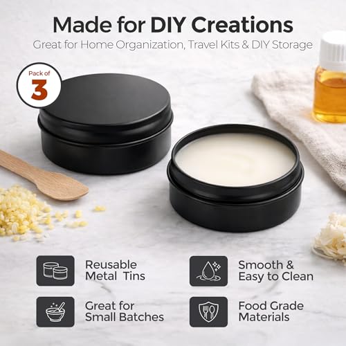 3 Pcs, Metal Tin Round Container, Mini Portable Small Storage Container Kit with Twist Lid for Home Storage 2.5x1 Inch, Black