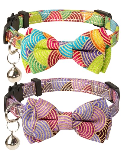 Collar for Cat Pet Breakaway with Bell Bowtie Detachable Bow Adjustable Safety Kitten Puppy Girl Boy 2pcs Kimono-Green & Purple - color: Kimono-Green & Purple