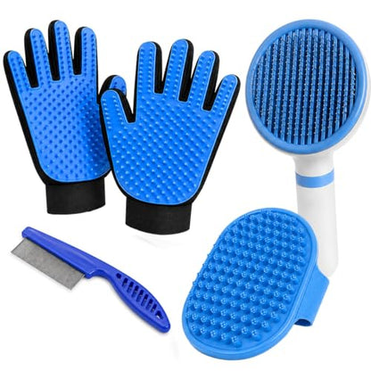NVNAN 5-Piece Dog Grooming Brush Set with Grooming Gloves | Includes deshedding comb, shampoo brush, and pet hair removal tools for shedding, bathing, and brushing - color: Blue-4