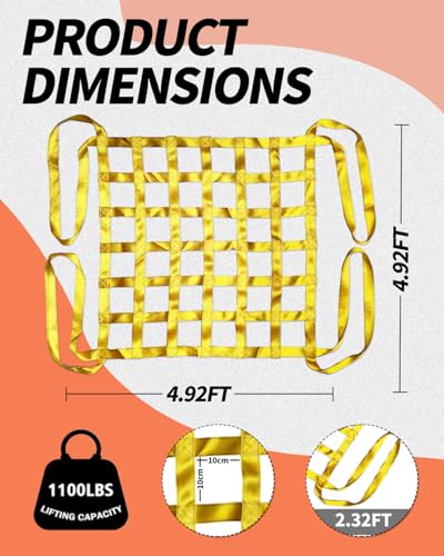 4.92' x 4.92' Heavy Duty Cargo Lifting Net, Yellow - color: Yellow, size: 4.92'X4.92'