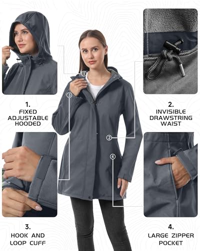 iCreek Women's Waterproof Softshell Rain Jacket Fleece Lined Hood Long Coat - color: Dark Grey, size: X-Large