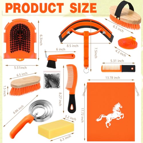 Abbylike 12 Pieces Horse Grooming Kit Equine Care Brushes, Orange - color: Orange