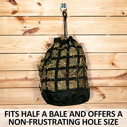 Dura-Tech 3 Hole Half Bale Net Hay Bag for Horses | Horse Feeding Solution | Fits Half a Bale | Non-Frustrating 3" Holes | Easy Close Top | Heavy Duty Construction | Color Black