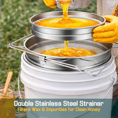 5 Gallon Honey Bucket Kit with Gate, Strainer and Scraper | 5 gallon honey processing kit with gate, double-layer stainless steel strainer and scraper for filtering and bottling.