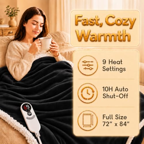 Heated Blanket Electric Blanket Full Size 72''x84'' with 9 Heating Levels, 1-10 Hour Auto Shut Off, Machine Washable, Flannel & Sherpa Soft Warming Blanket for Couch, Bed, Office - Black - color: 03-black, size: 72''x84''(Full)