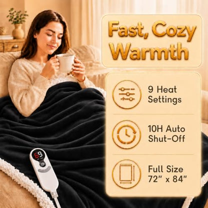 Heated Blanket Electric Blanket Full Size 72''x84'' with 9 Heating Levels, 1-10 Hour Auto Shut Off, Machine Washable, Flannel & Sherpa Soft Warming Blanket for Couch, Bed, Office - Black - color: 03-black, size: 72''x84''(Full)