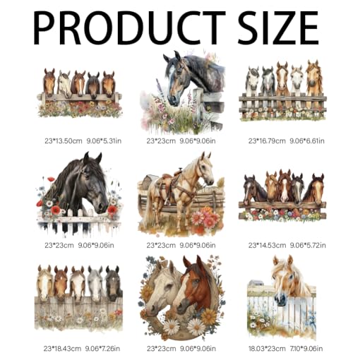 arricraft 9 Sheets Horses Theme Iron on Stickers, Flowers Fences Horses Pattern Print Transfer Stickers Decals for DIY T-Shirt Jeans Backpacks Families Clothing Hat Decoration Applique - style: Horses Theme