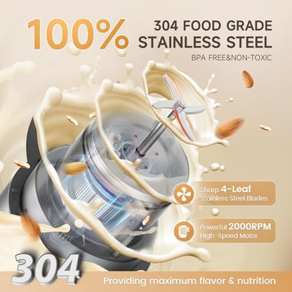 50oz Almond Milk Maker Machine (Built-in Strainer Filter) Make Plant Based Milk, Soup & Juice, 6-7 Cups Per Batch, 304 Stainless Steel, 5.3 lb, Automatic Cleaning, 8-IN-1 Nut Milk Maker for Soy & Oat