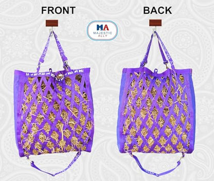 Majestic Ally Double Side Open Slow Feeder Hay Bag - Diamond Shaped Obliquely Placed Webbing (Purple) - color: Purple
